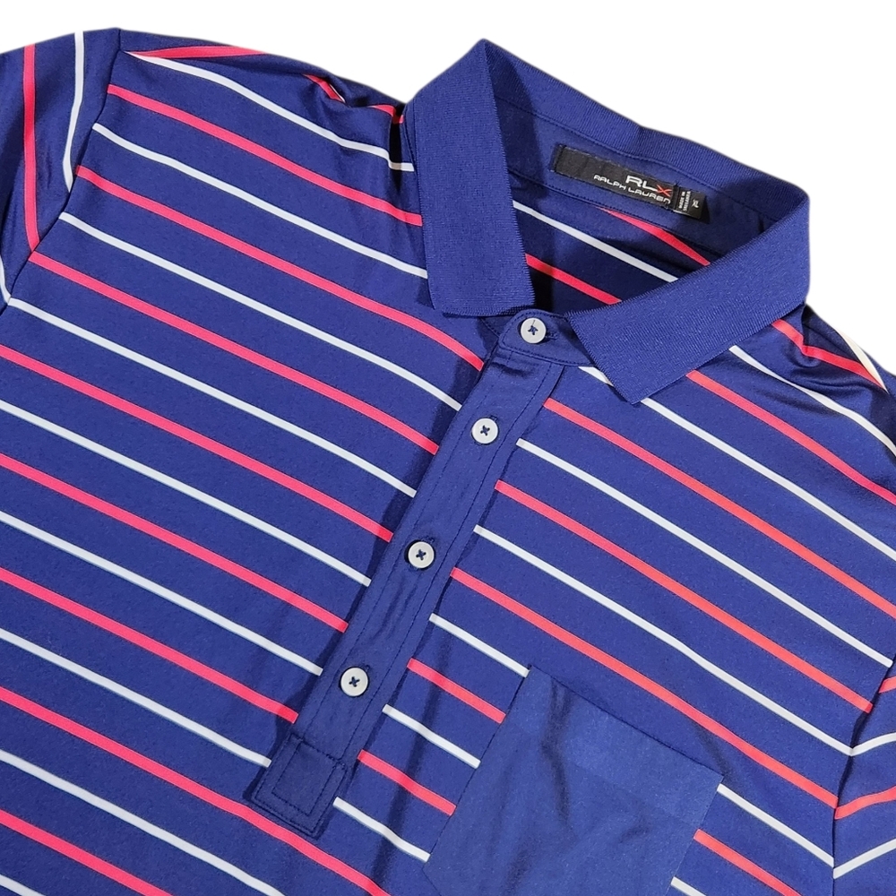 RLX Ralph Lauren Mens XL Performance Golf Polo Red White Blue Stretch Wicking